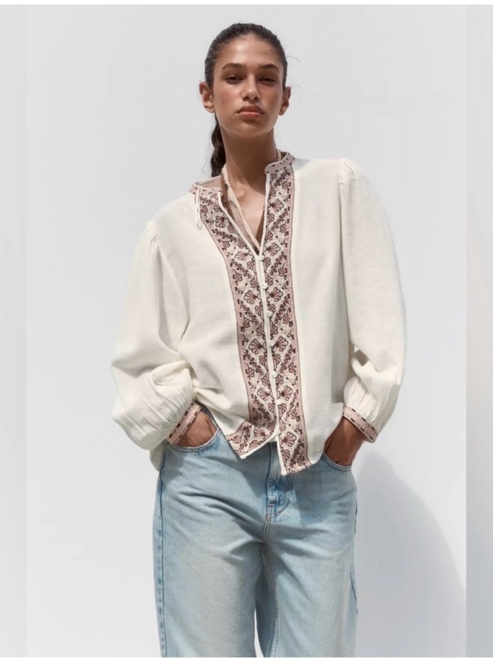 Zara Cream Blouse with Pink and Burgundy Embroidery